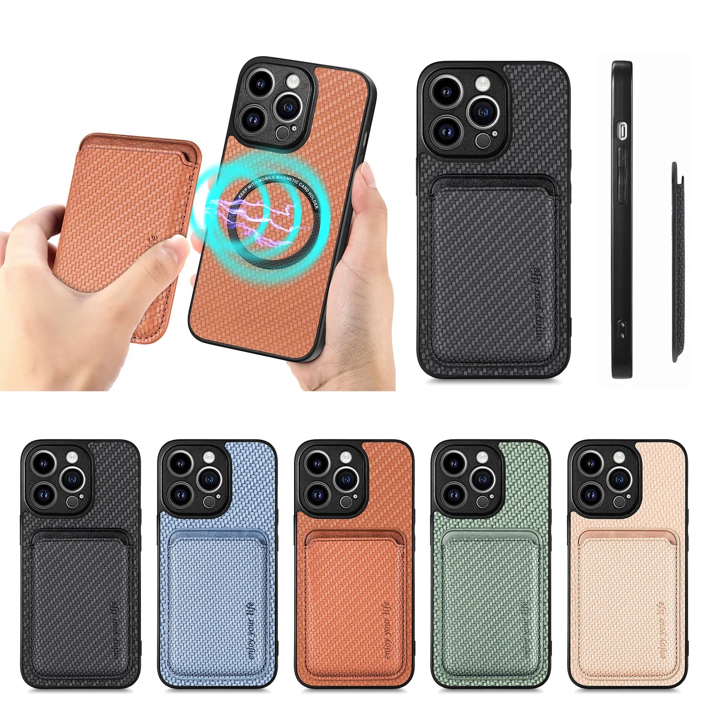Carbon Fiber PU Leather MagSafe Case with Card Holder for iPhone
