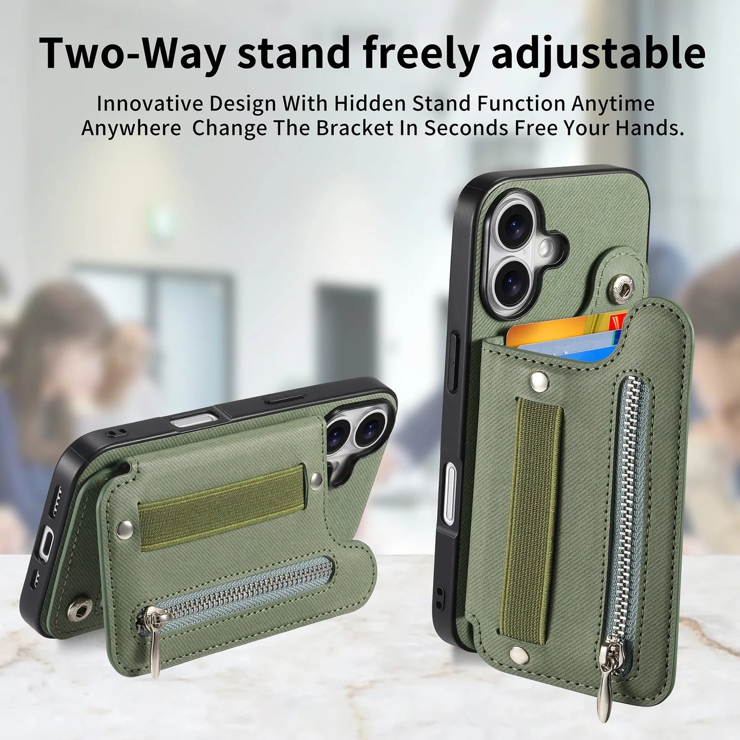 Leather Wallet Phone Case with Wrist Strap and Card Holder