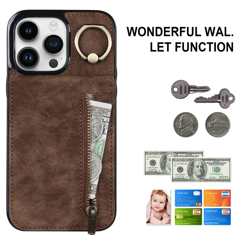 Zipper Wallet Leather Phone Case with Card Holder Kickstand