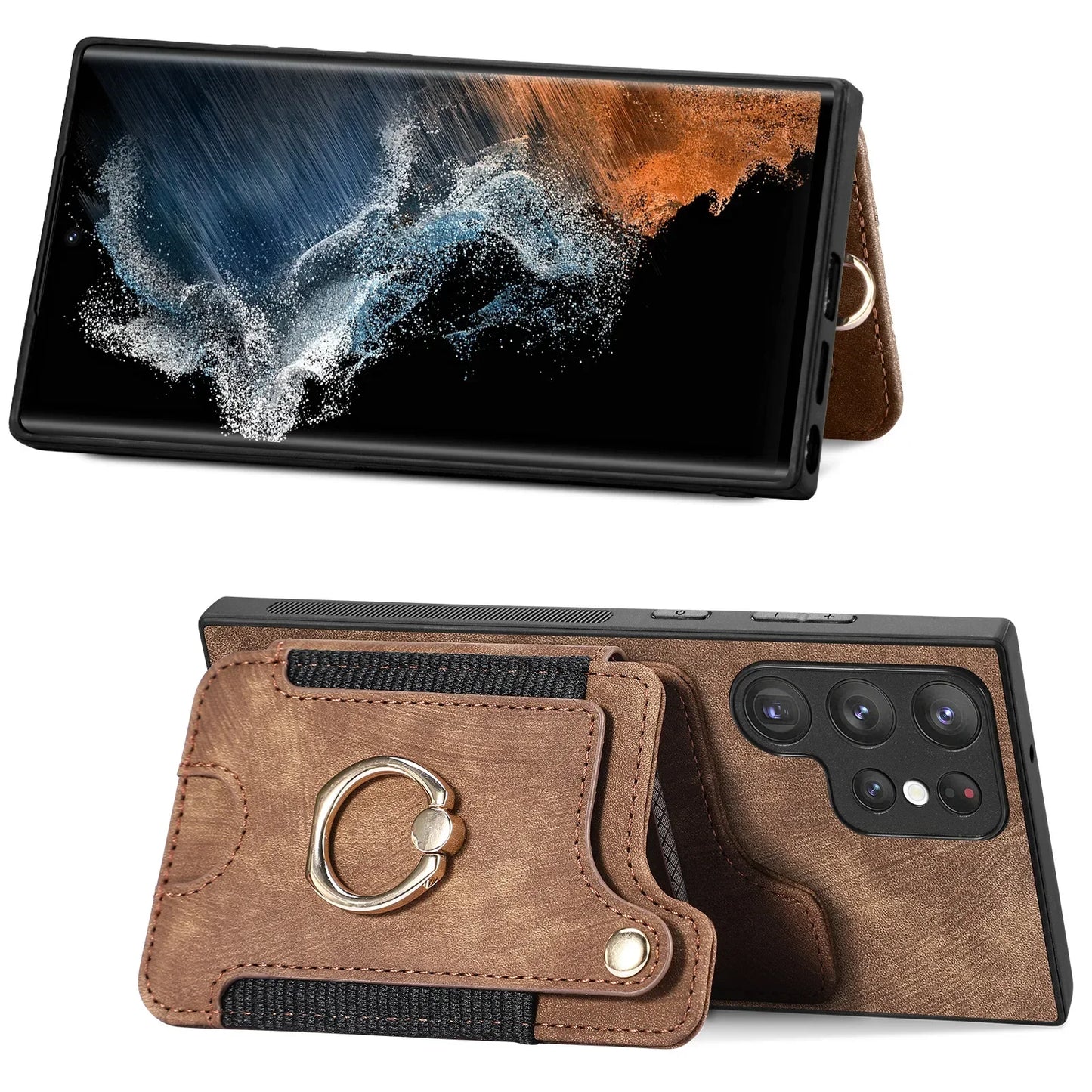 Leather Wallet Phone Case with Ring Holder for Samsung