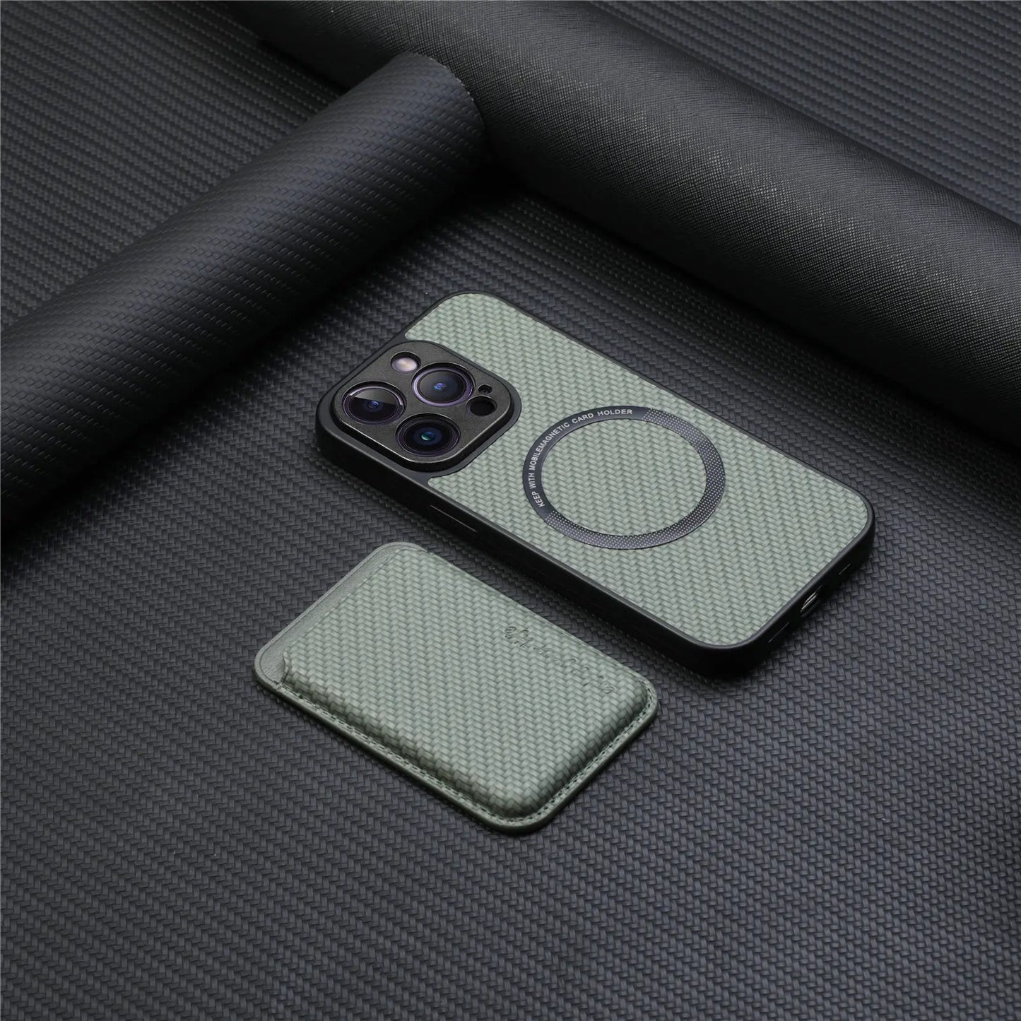 Carbon Fiber PU Leather MagSafe Case with Card Holder for iPhone