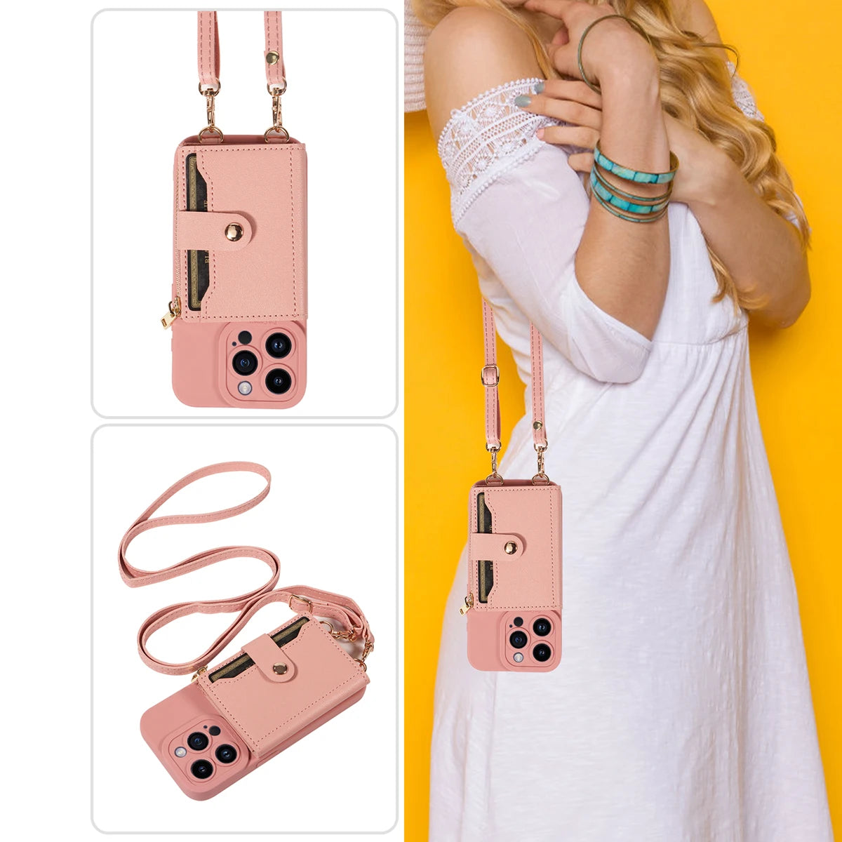 Leather Crossbody Phone Case with Mirror Wallet