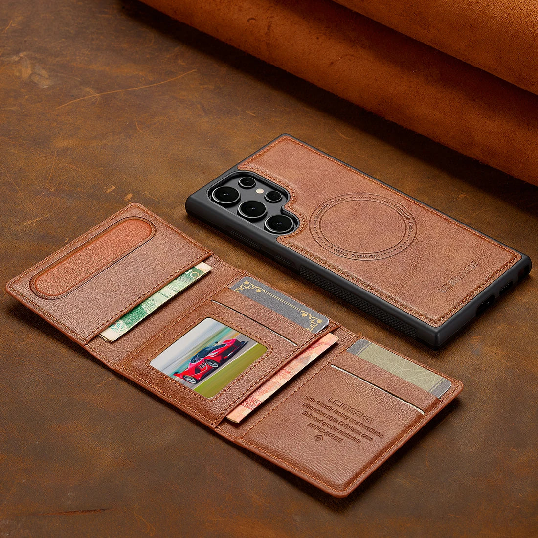 Magnetic Leather Wallet Case with Card Pocket for Samsung
