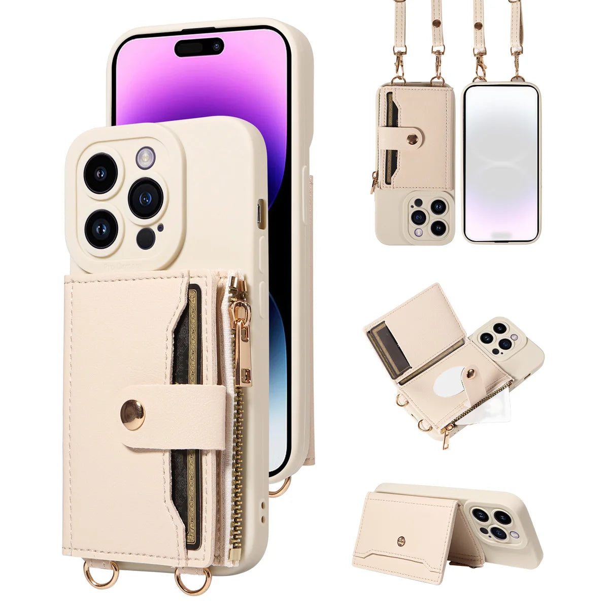 Leather Crossbody Phone Case with Mirror Wallet