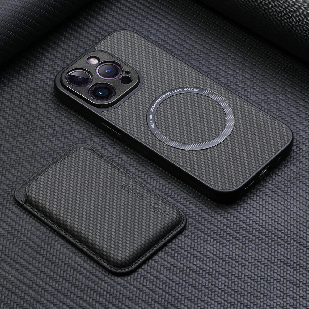 Carbon Fiber PU Leather MagSafe Case with Card Holder for iPhone