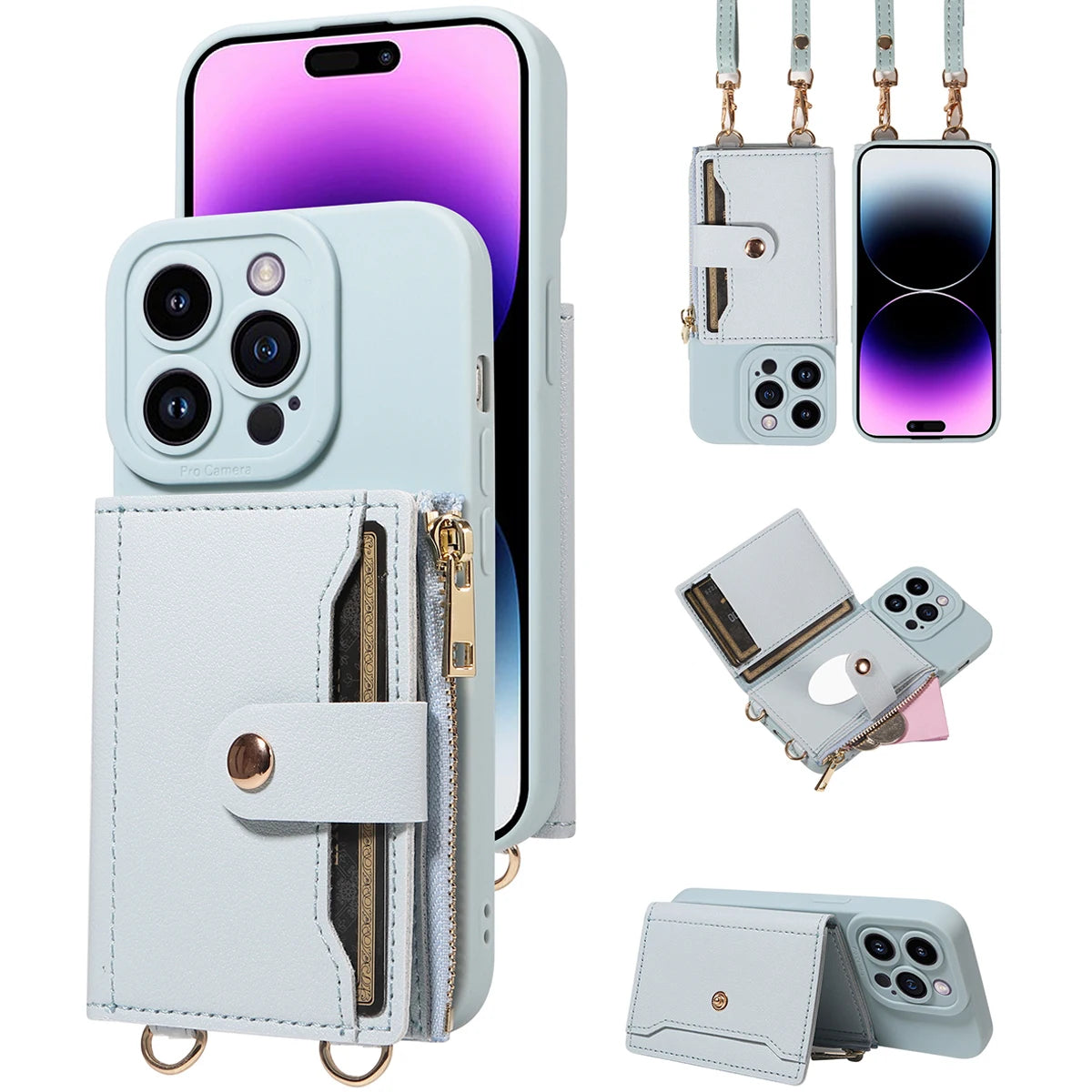 Leather Crossbody Phone Case with Mirror Wallet