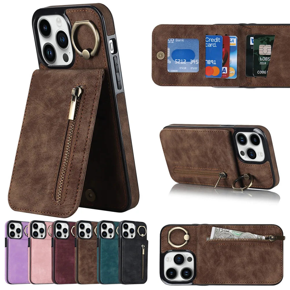 Zipper Wallet Leather Phone Case with Card Holder Kickstand