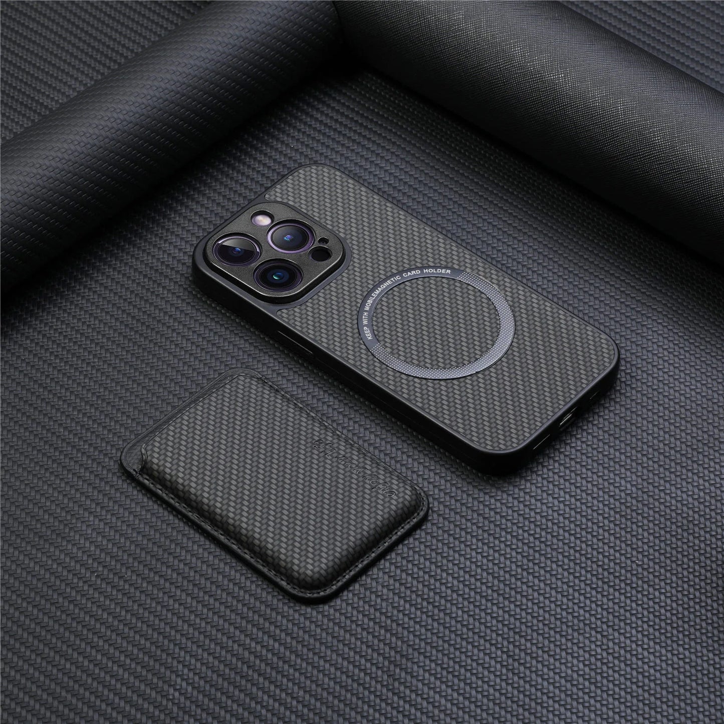 Carbon Fiber PU Leather MagSafe Case with Card Holder for iPhone