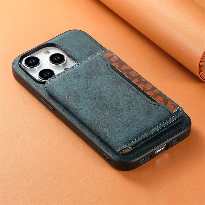 Retro Leather Wallet Case with MagSafe & Card Holder for iPhone