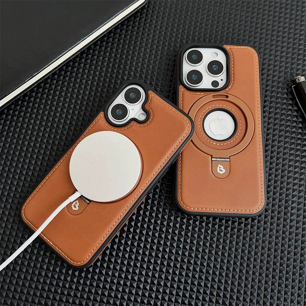 Luxury Leather MagSafe Case with Ring Holder for iPhone