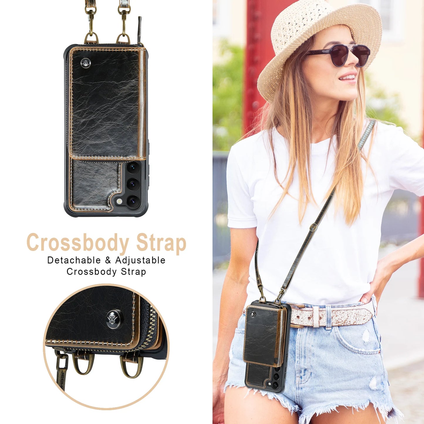 Crossbody Leather Wallet Case with Card Slots for Samsung