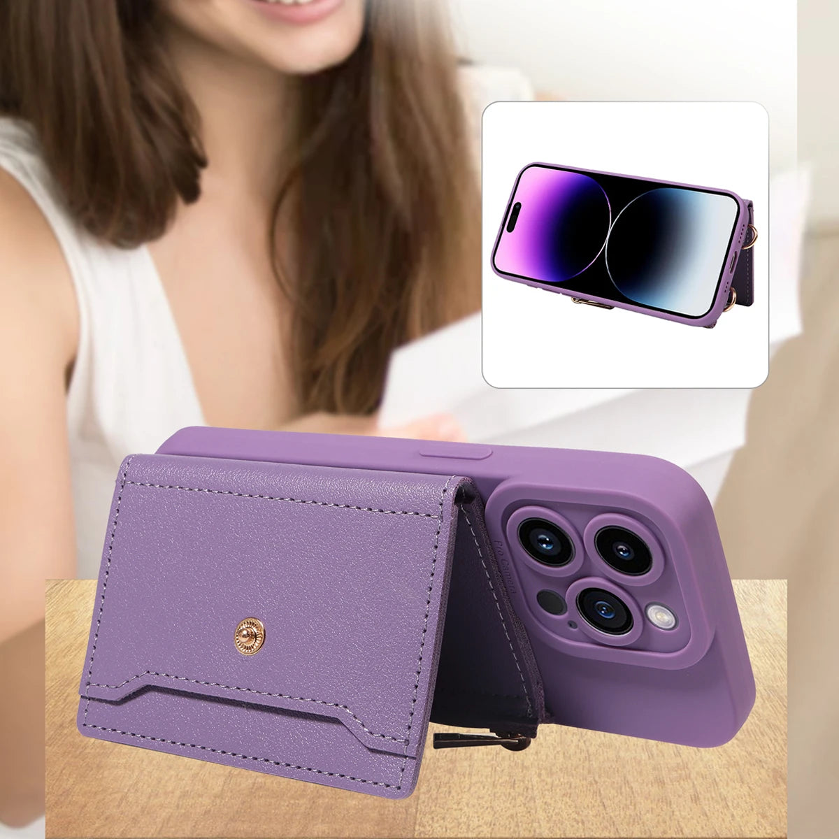 Leather Crossbody Phone Case with Mirror Wallet