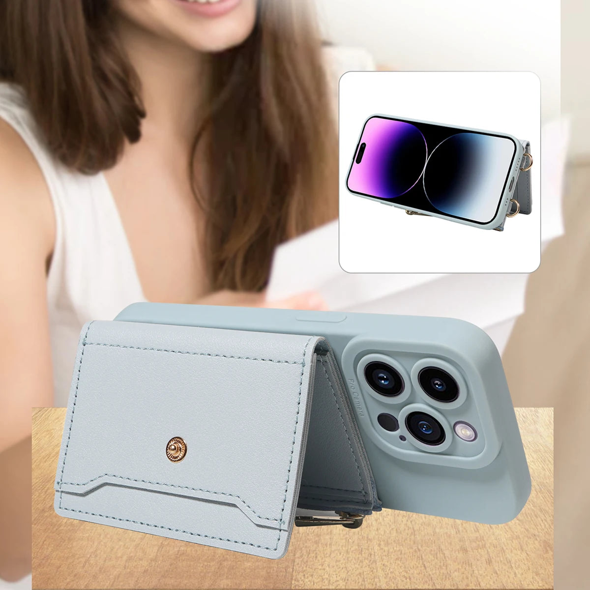 Leather Crossbody Phone Case with Mirror Wallet