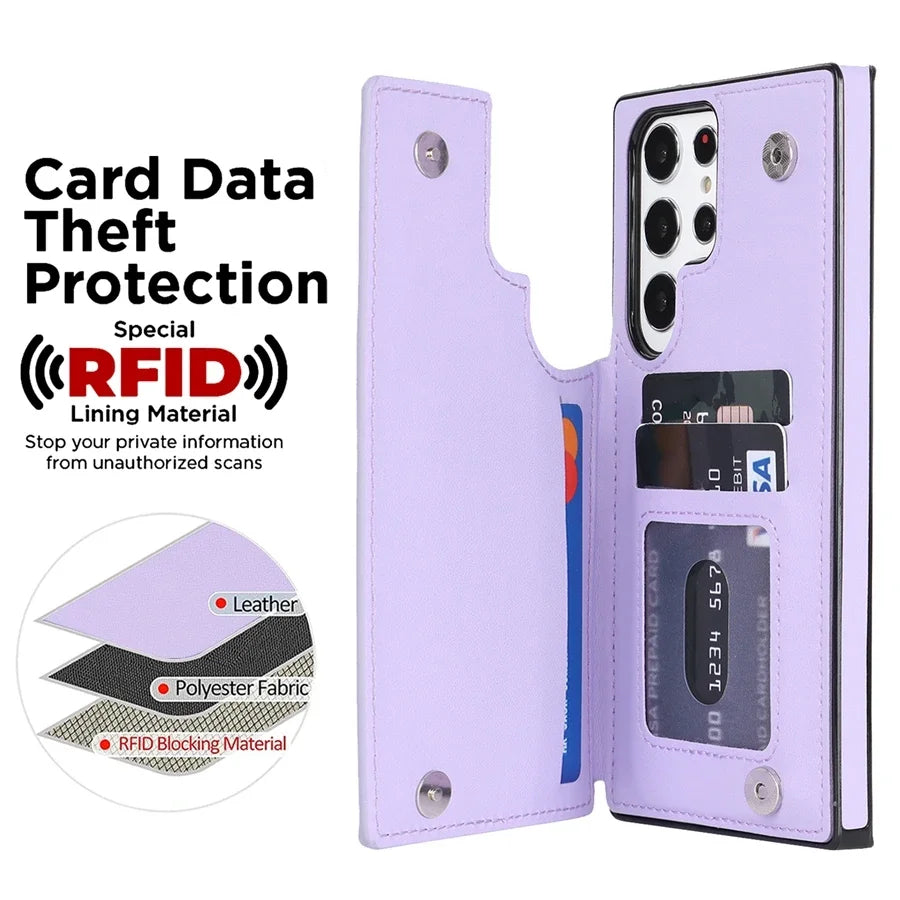 Wallet Flip Leather Case with Double Button for Samsung