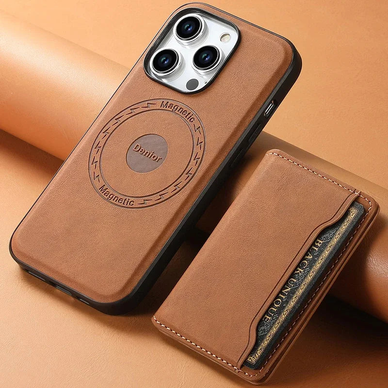 Retro Leather Wallet Case with MagSafe & Card Holder for iPhone