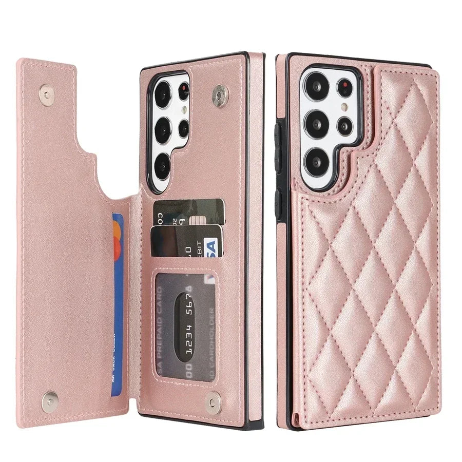 Wallet Flip Leather Case with Double Button for Samsung