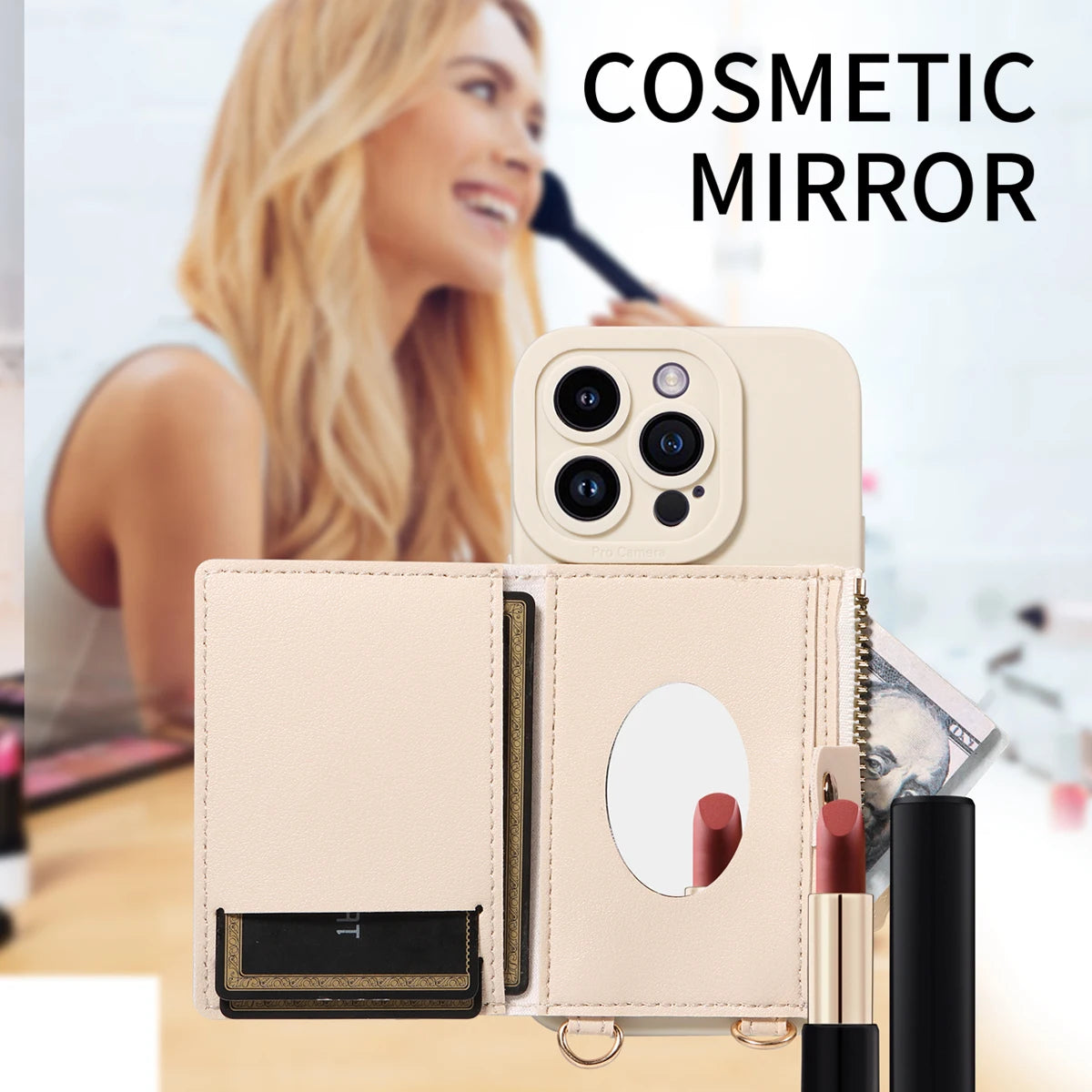 Leather Crossbody Phone Case with Mirror Wallet