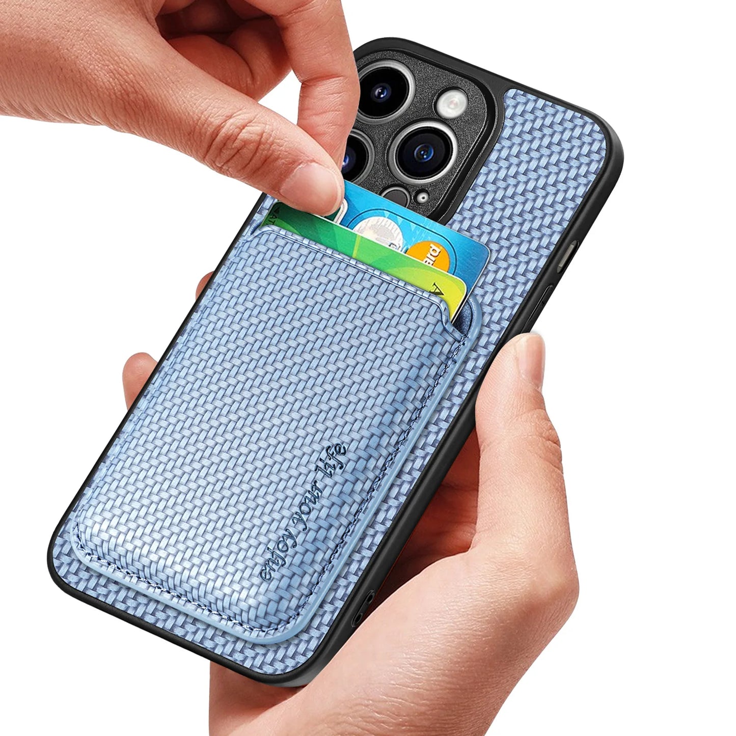 Carbon Fiber PU Leather MagSafe Case with Card Holder for iPhone