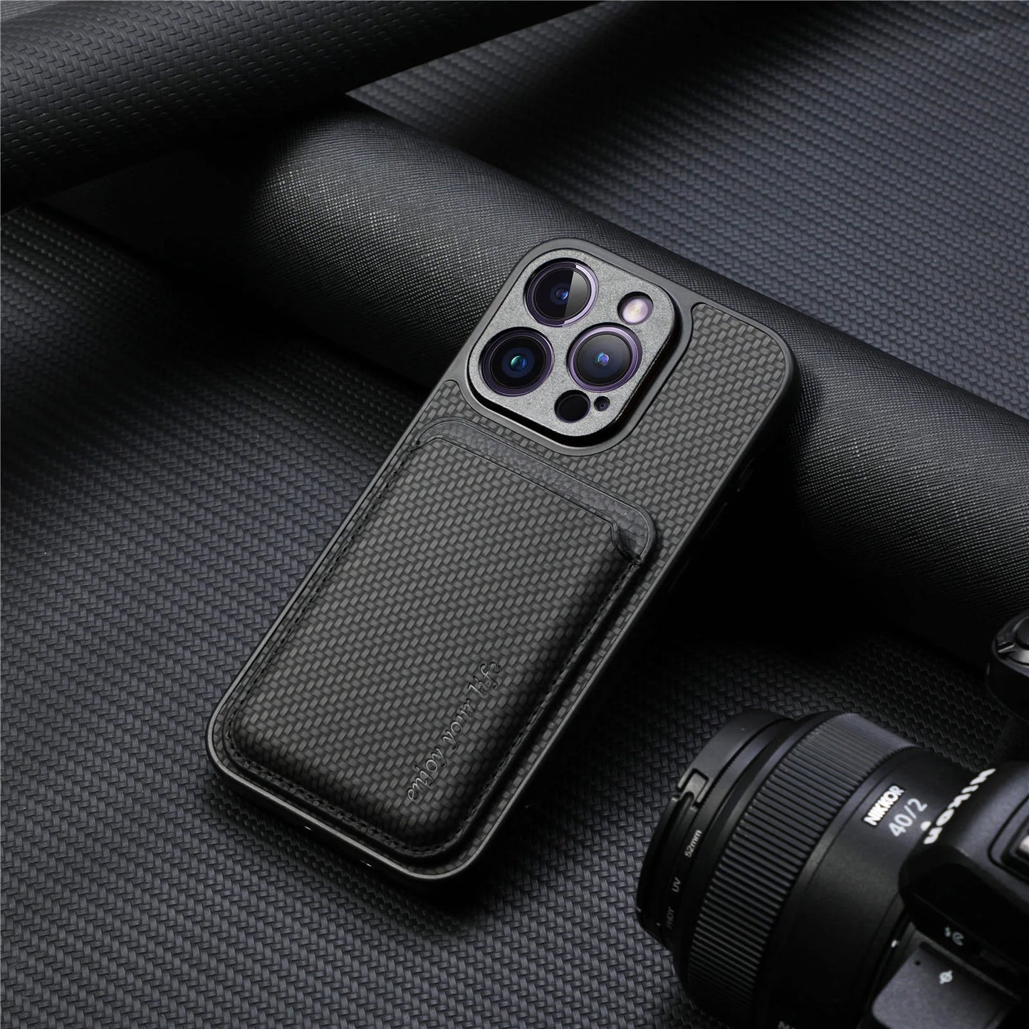 Carbon Fiber PU Leather MagSafe Case with Card Holder for iPhone