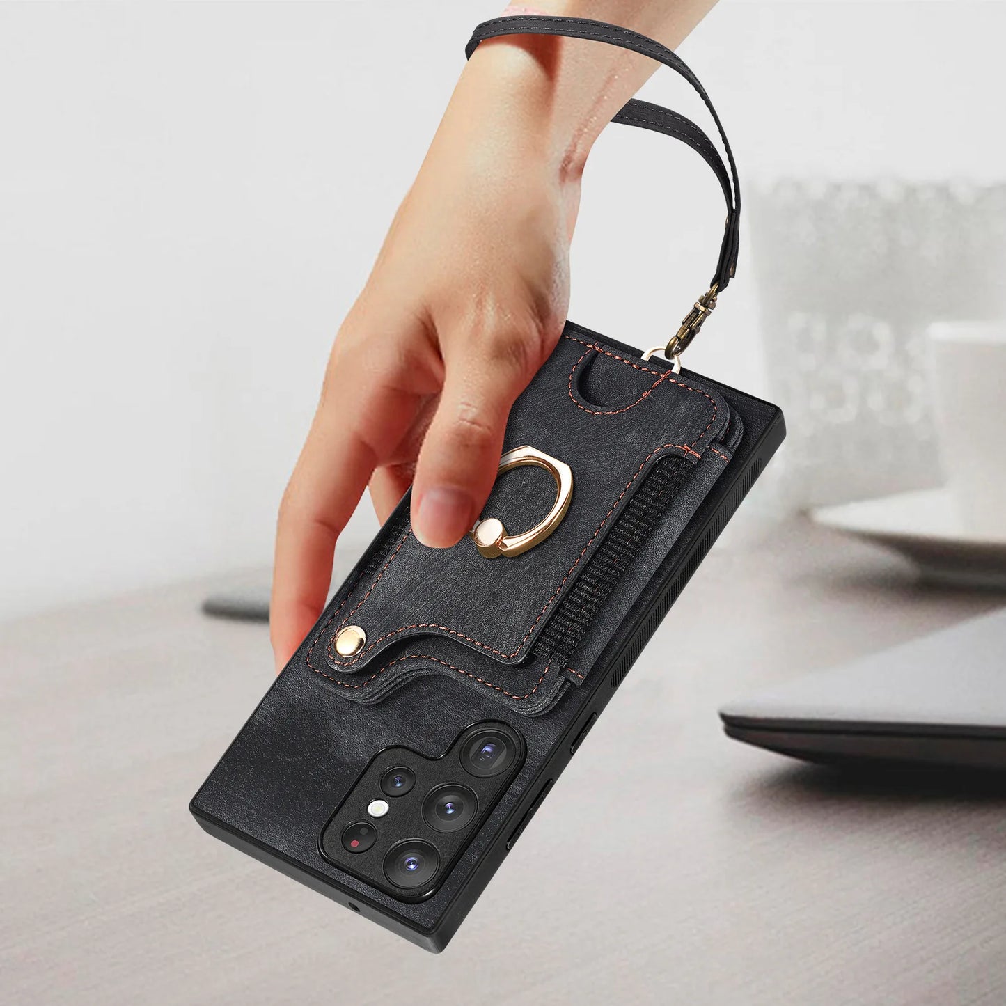 Leather Wallet Phone Case with Ring Holder for Samsung