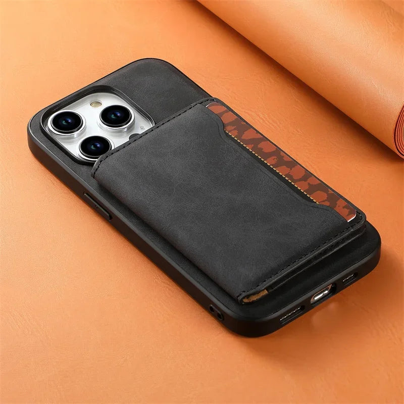 Retro Leather Wallet Case with MagSafe & Card Holder for iPhone
