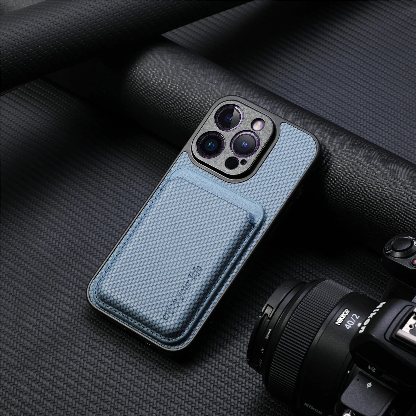 Carbon Fiber PU Leather MagSafe Case with Card Holder for iPhone