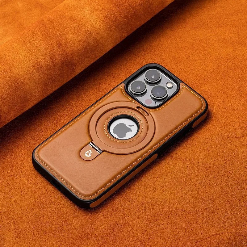 Magnetic Leather Phone Case with Ring Kickstand for iPhone