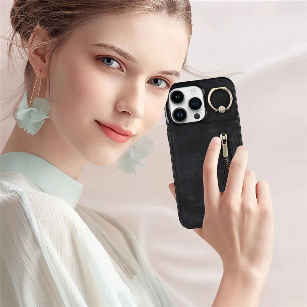 Zipper Wallet Leather Phone Case with Card Holder Kickstand