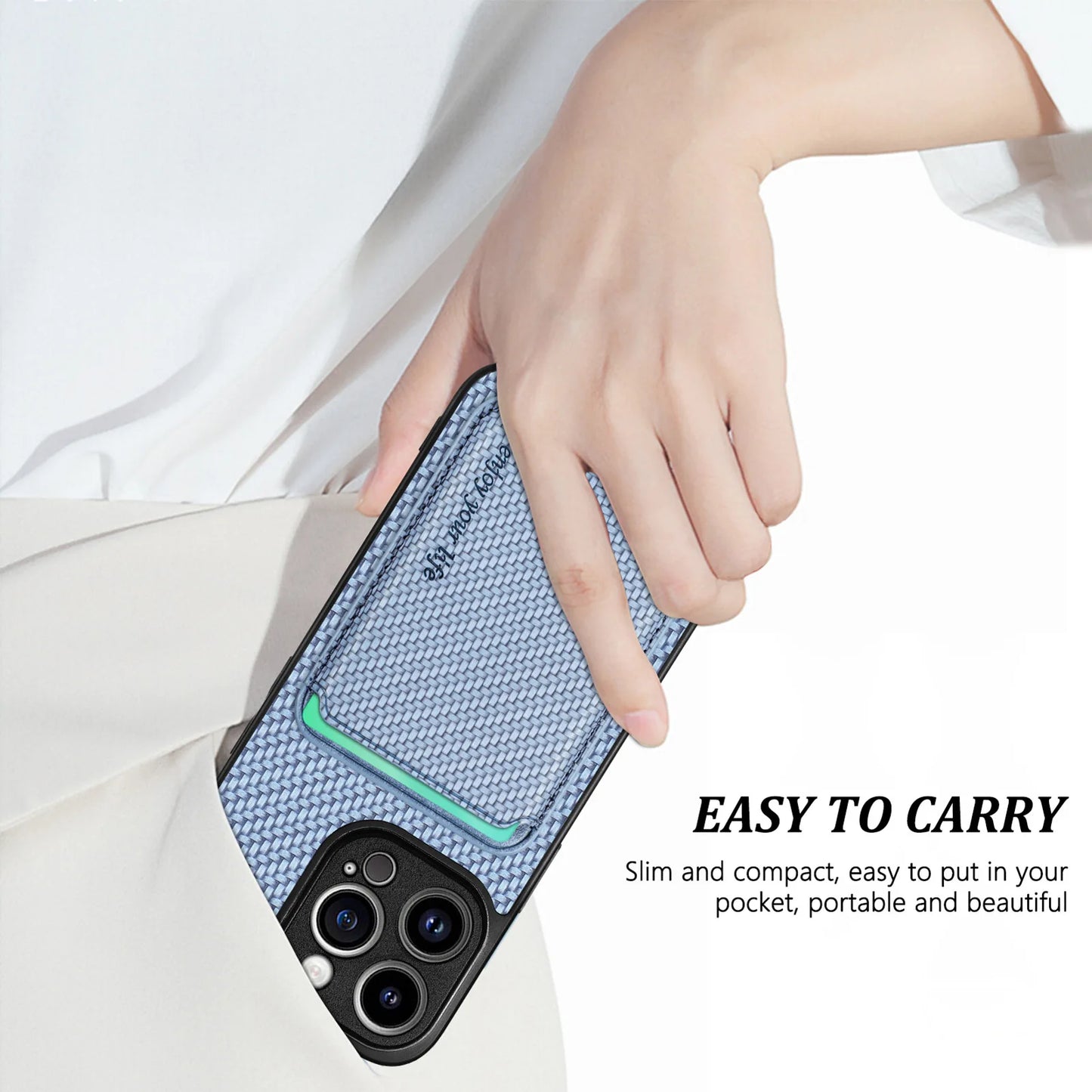 Carbon Fiber PU Leather MagSafe Case with Card Holder for iPhone