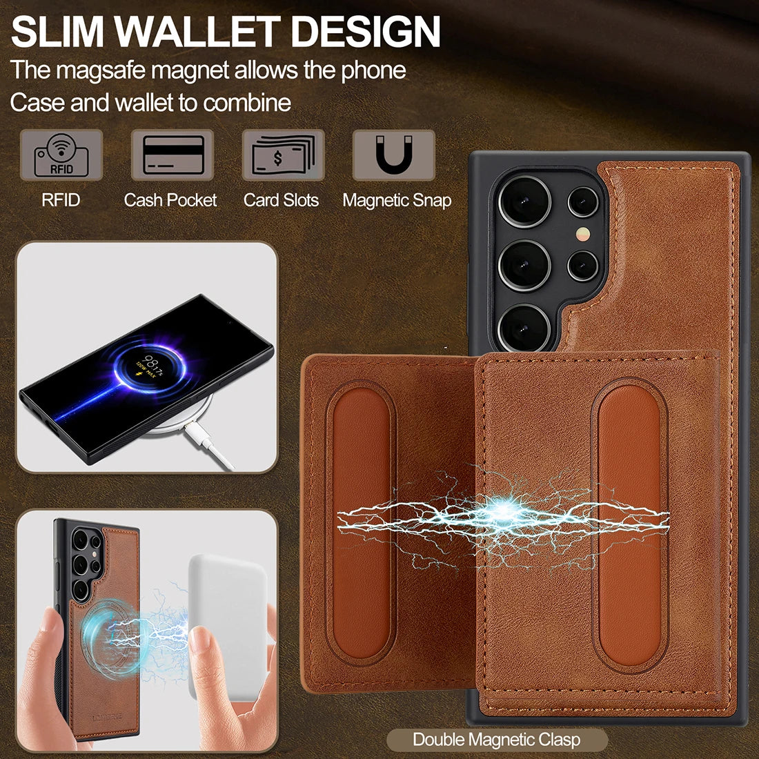 Magnetic Leather Wallet Case with Card Pocket for Samsung