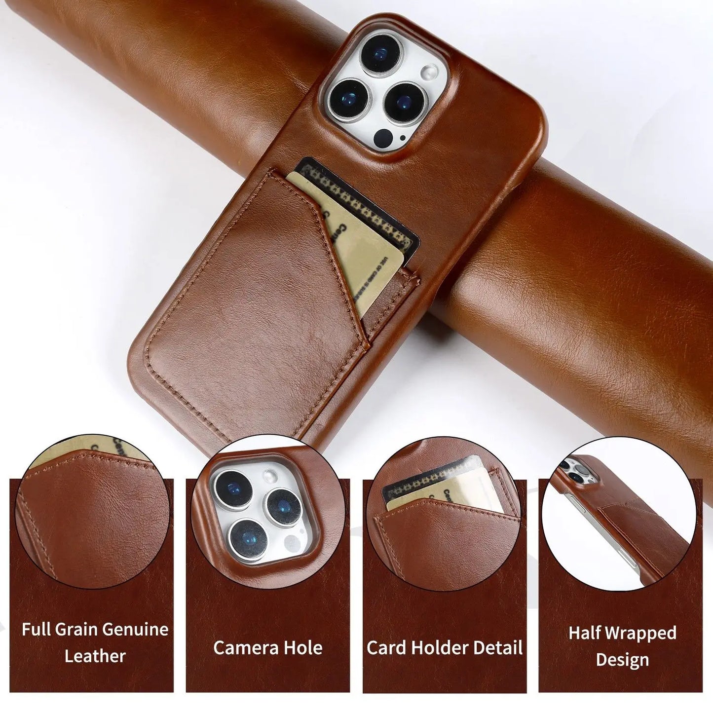 Vintage Genuine Leather iPhone Case with Card Slot Full Cover
