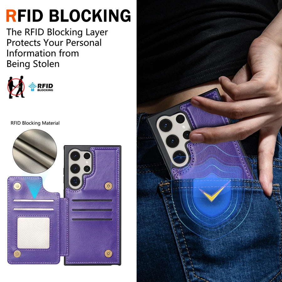 Wallet Magnetic RFID Leather Case with Card Slots for Samsung