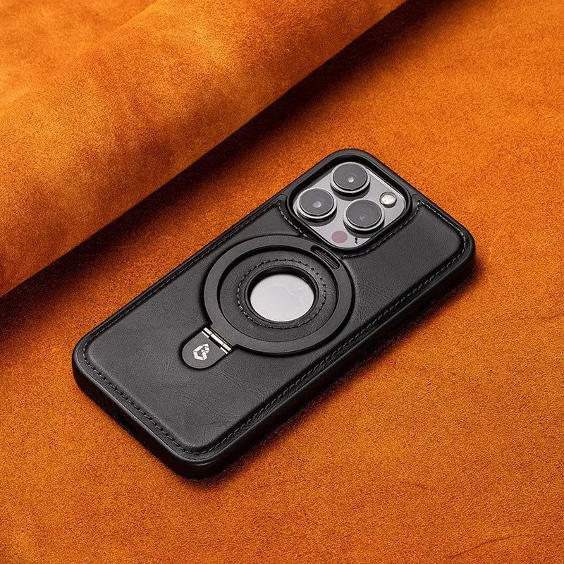 Magnetic Leather Phone Case with Ring Kickstand for iPhone