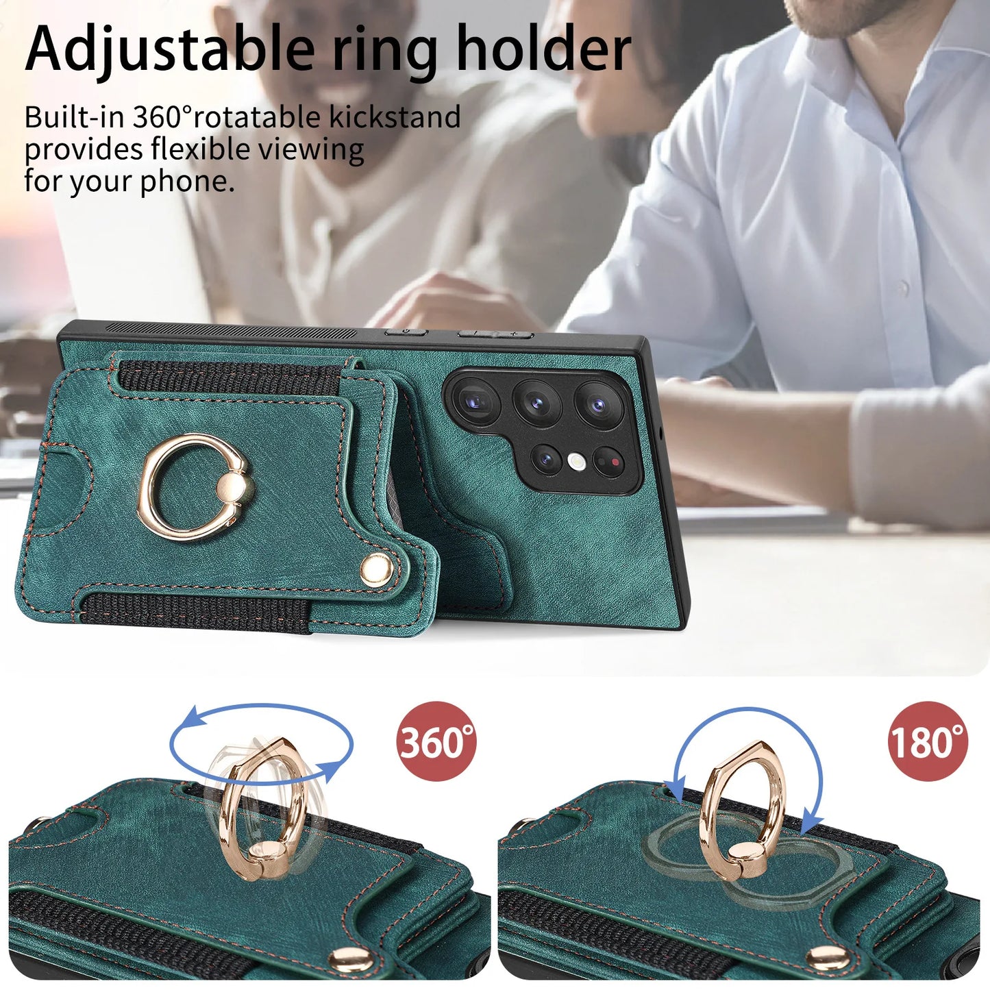 Leather Wallet Phone Case with Ring Holder for Samsung