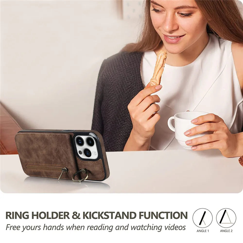 Zipper Wallet Leather Phone Case with Card Holder Kickstand