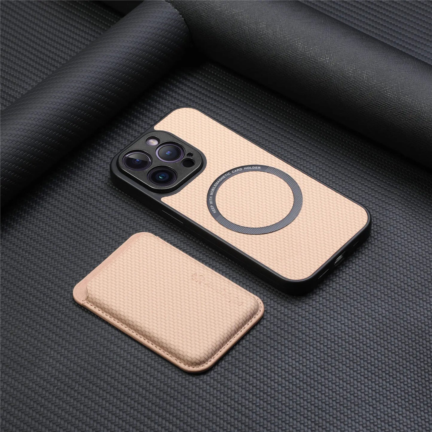 Carbon Fiber PU Leather MagSafe Case with Card Holder for iPhone