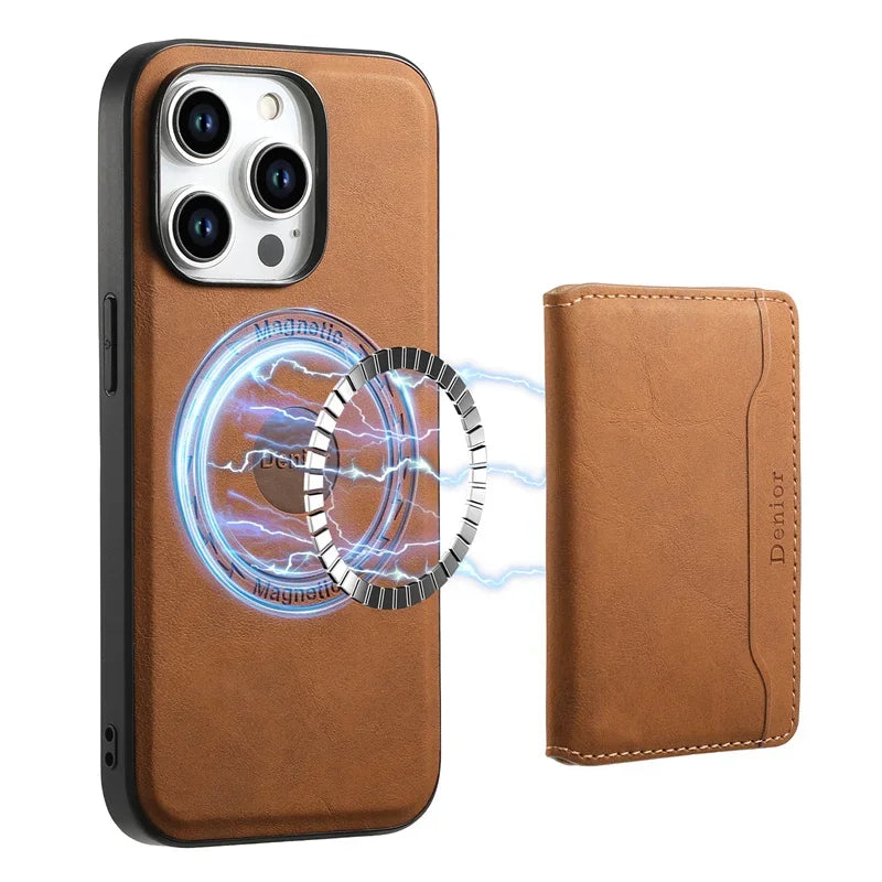 Retro Leather Wallet Case with MagSafe & Card Holder for iPhone