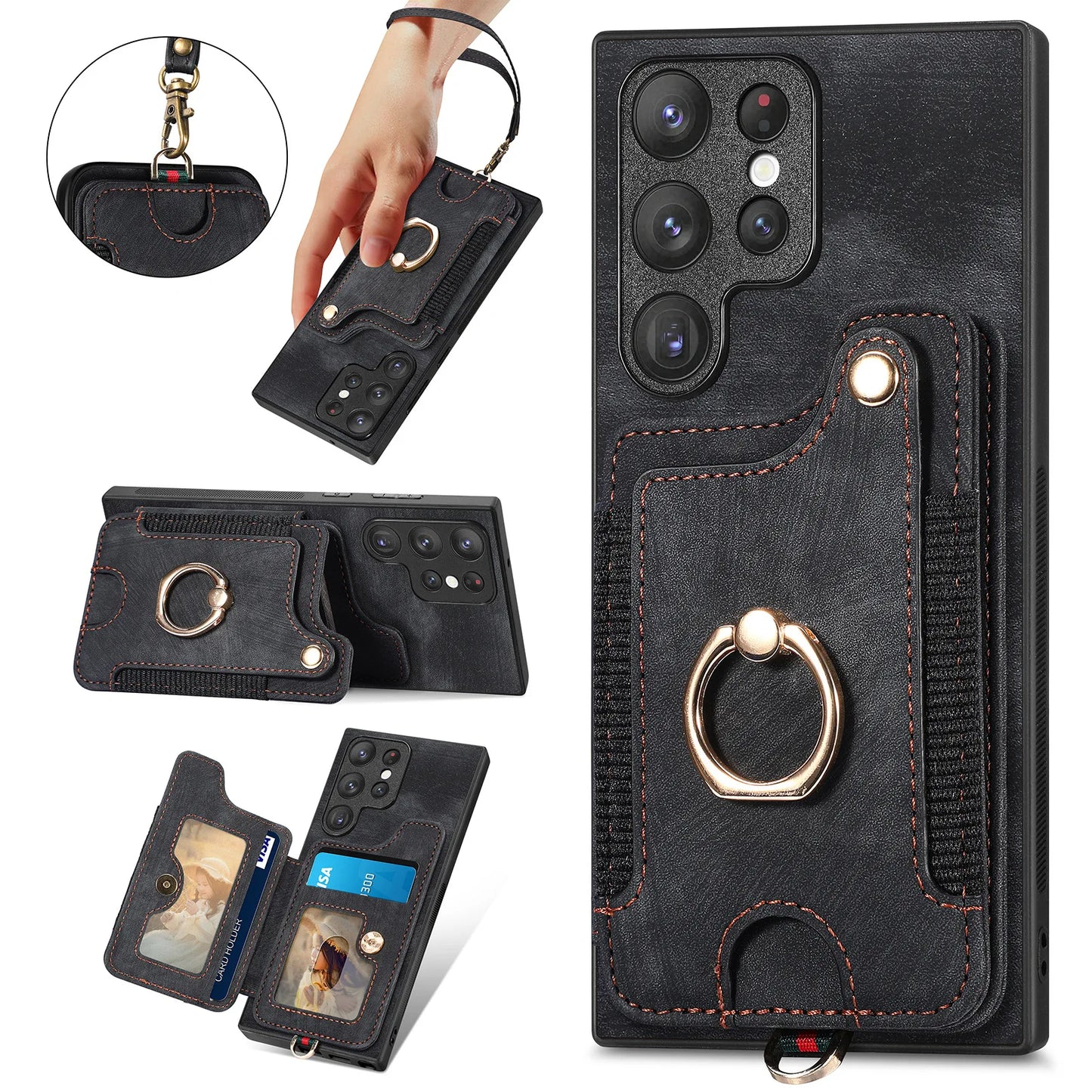 Leather Wallet Phone Case with Ring Holder for Samsung