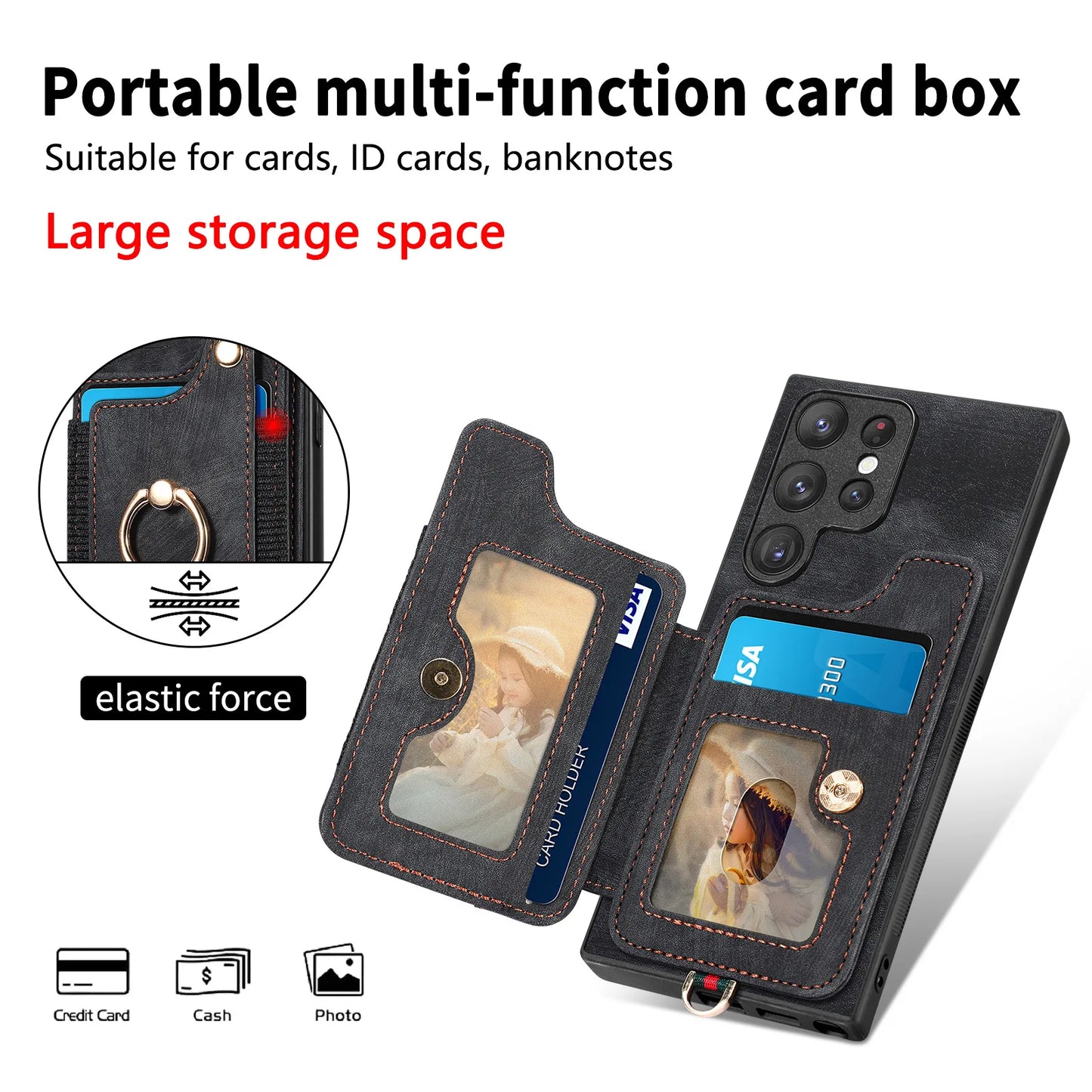 Leather Wallet Phone Case with Ring Holder for Samsung