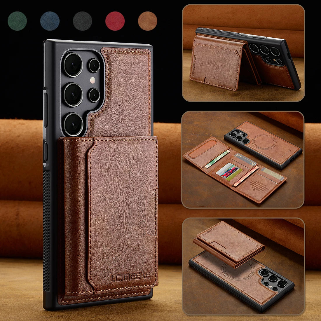 Magnetic Leather Wallet Case with Card Pocket for Samsung