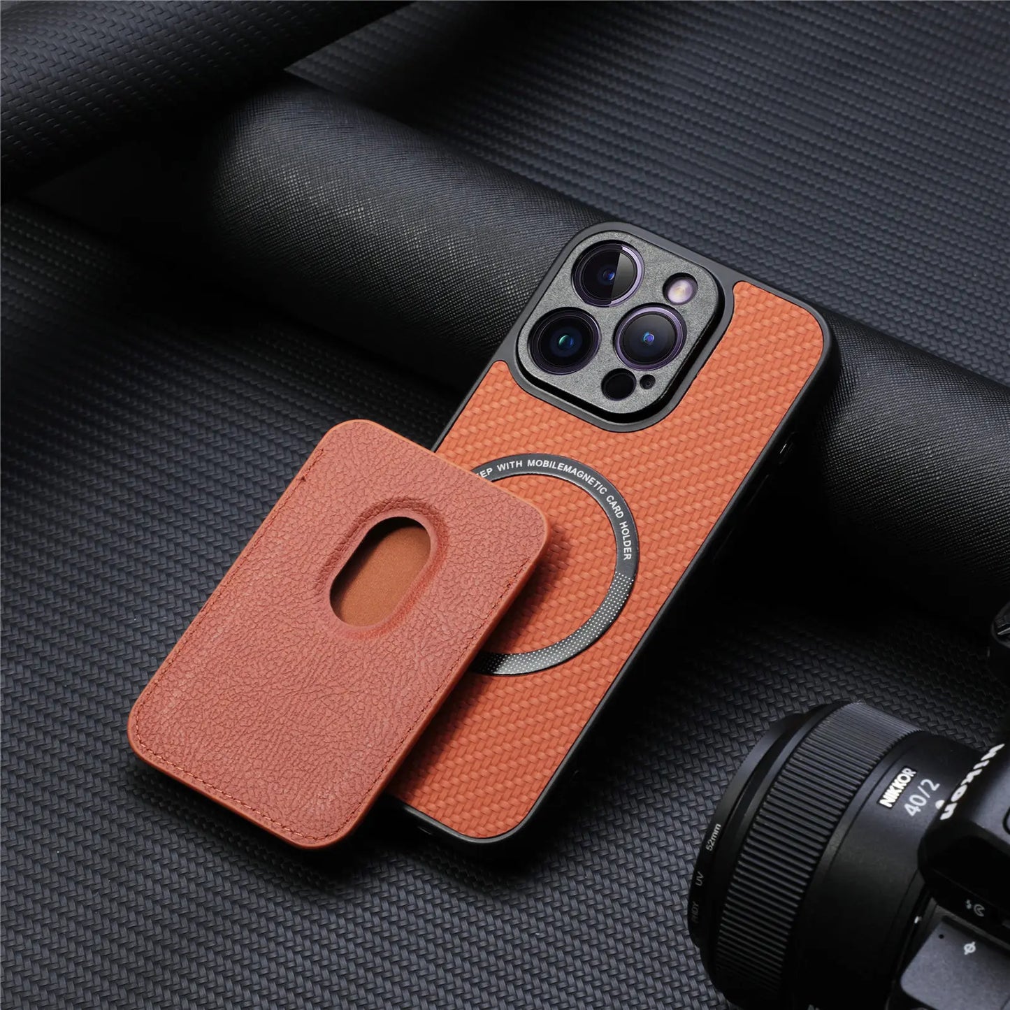 Carbon Fiber PU Leather MagSafe Case with Card Holder for iPhone