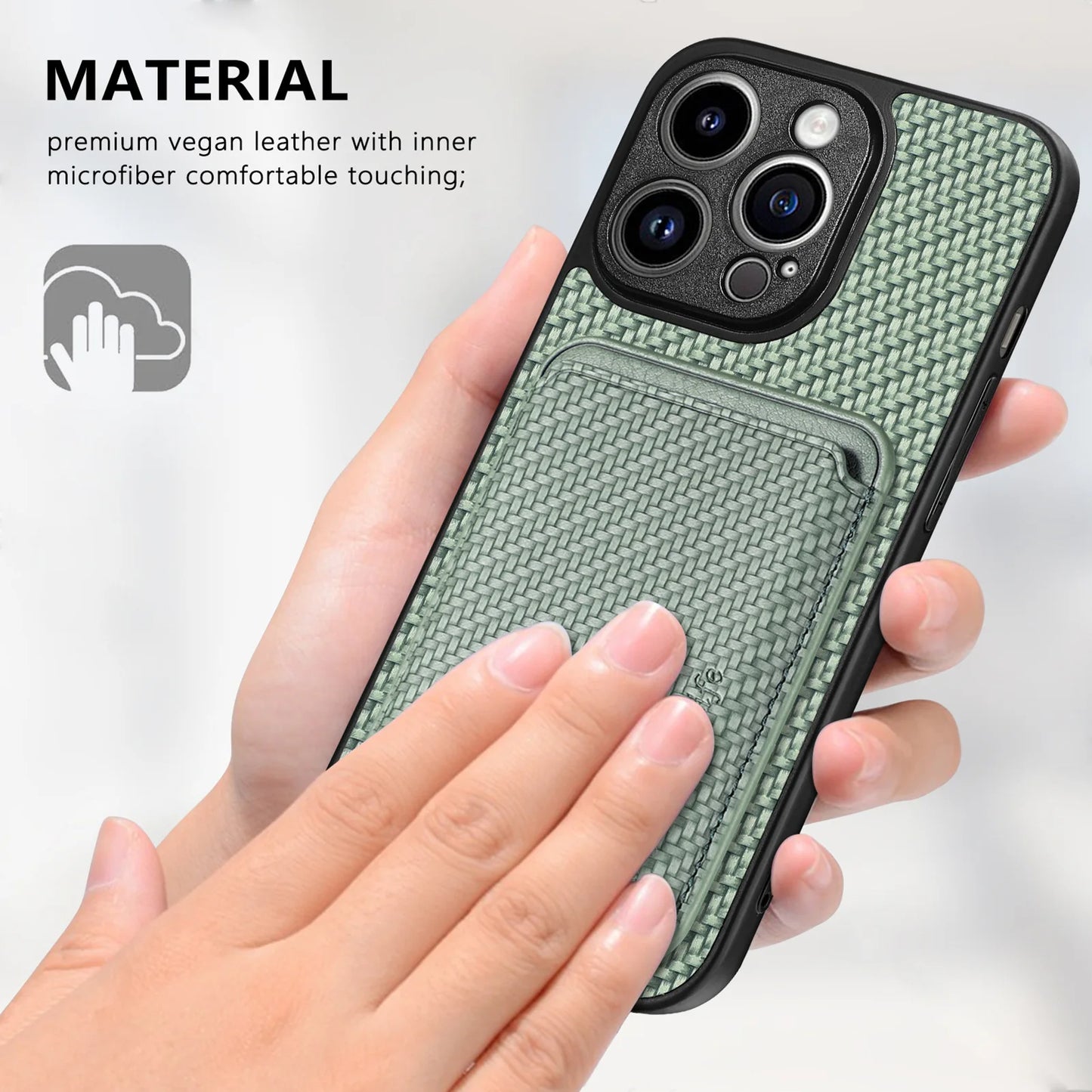 Carbon Fiber PU Leather MagSafe Case with Card Holder for iPhone