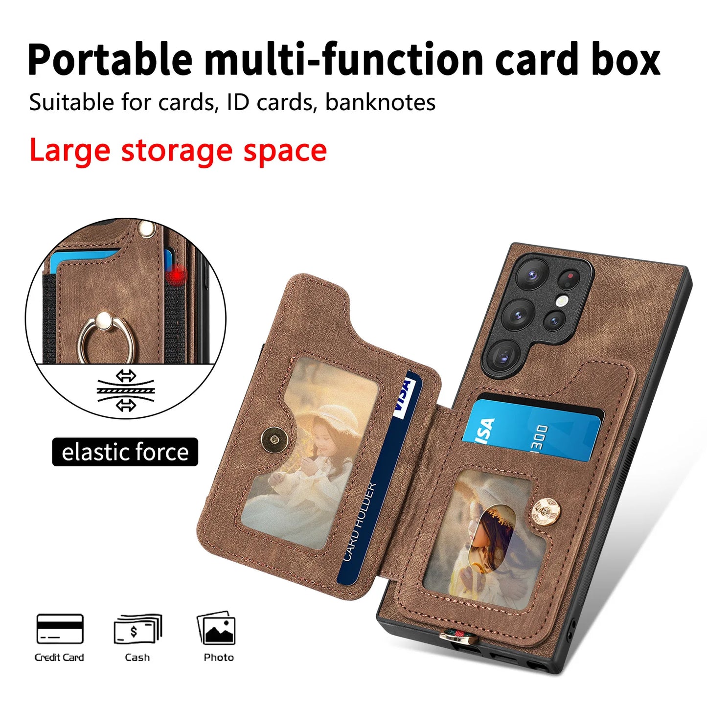 Leather Wallet Phone Case with Ring Holder for Samsung