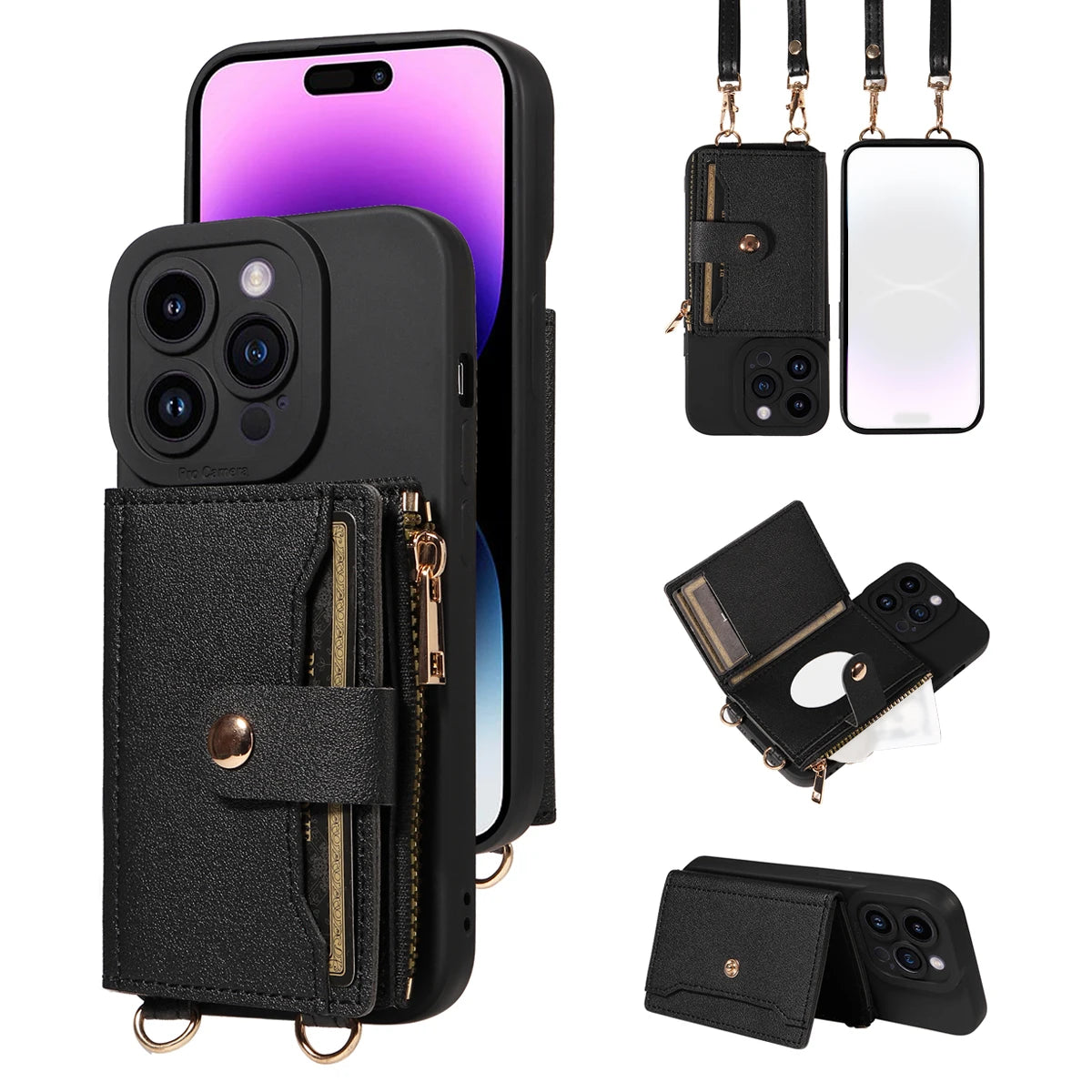 Leather Crossbody Phone Case with Mirror Wallet