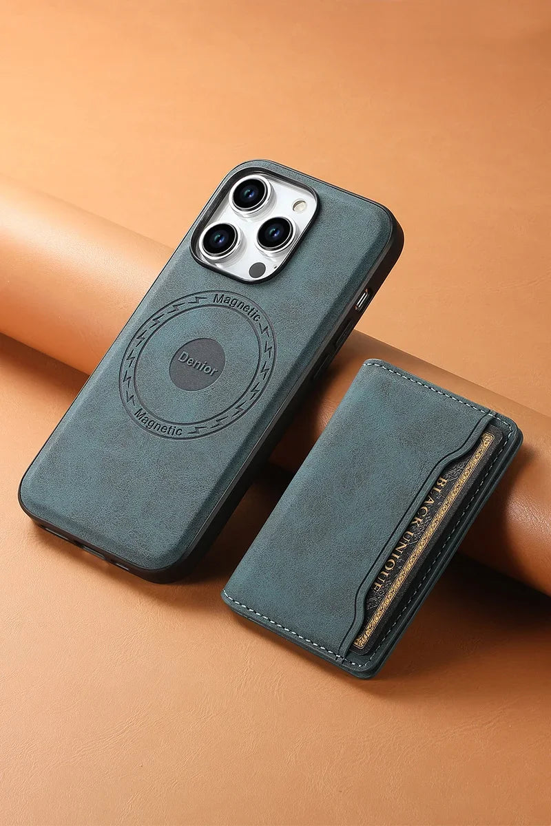 Retro Leather Wallet Case with MagSafe & Card Holder for iPhone