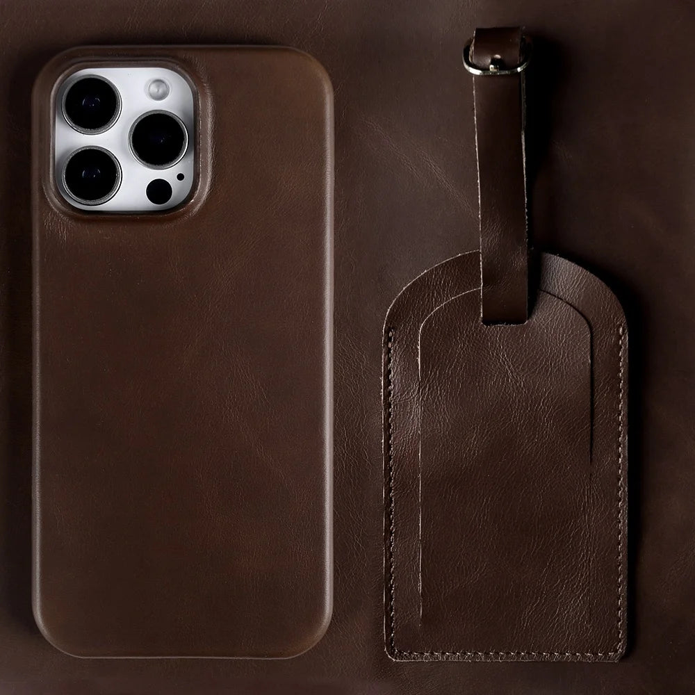 Luxury Leather iPhone Case with Luggage Tag Vintage Style