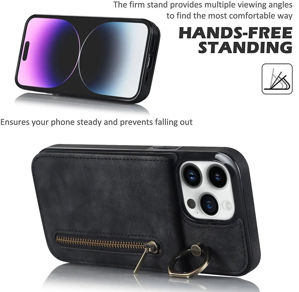 Zipper Wallet Leather Phone Case with Card Holder Kickstand