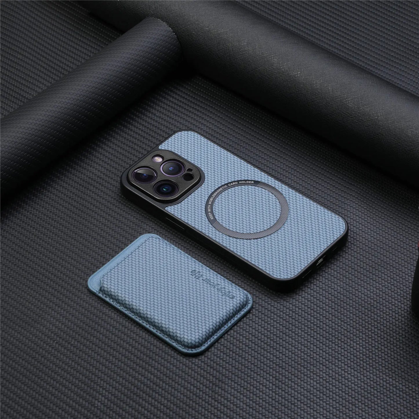 Carbon Fiber PU Leather MagSafe Case with Card Holder for iPhone