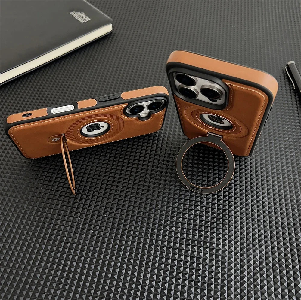 Luxury Leather MagSafe Case with Ring Holder for iPhone
