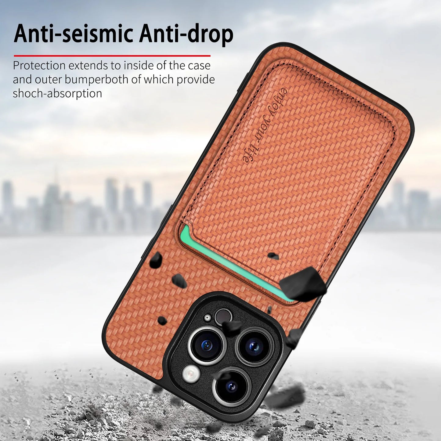 Carbon Fiber PU Leather MagSafe Case with Card Holder for iPhone